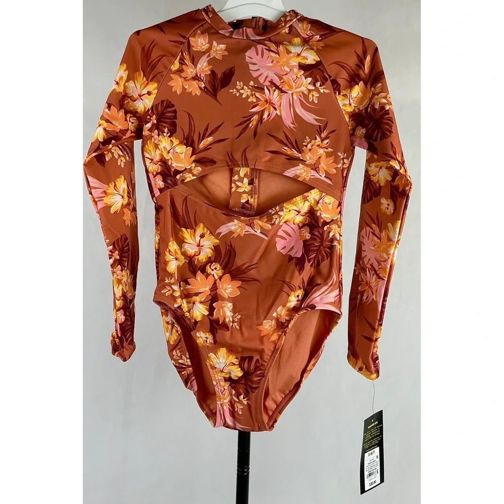 Art‎ Class Girls' Floral Cutout One Piece Long Sleeve Swimsuit Size S Rust (6/7)